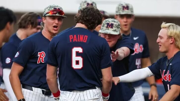 Ole Miss players celebrate Owen Paino's home run in a 6-3 win against LSU at Swayze Field in Oxford. | Ole Miss Athletics