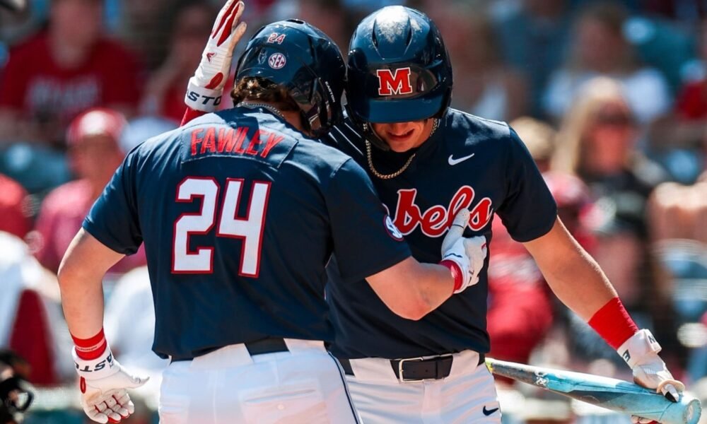 Ole Miss catcher Austin Fawley celebrates a home run against No. 22 Arkansas. | Ole Miss Athletics