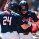 Ole Miss catcher Austin Fawley celebrates a home run against No. 22 Arkansas. | Ole Miss Athletics