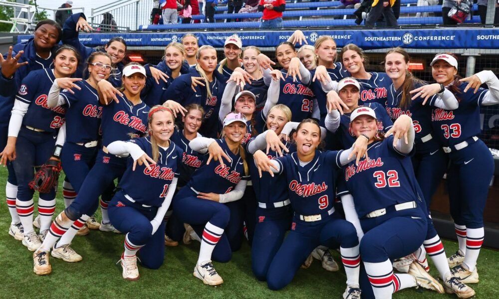 Ole Miss softball players celebrate an upset win against Tennessee in the 2026 SEC Softball Tournament. | Ole Miss Athletics