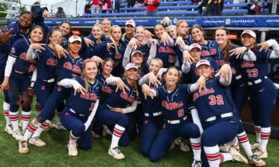 Ole Miss softball players celebrate an upset win against Tennessee in the 2026 SEC Softball Tournament. | Ole Miss Athletics