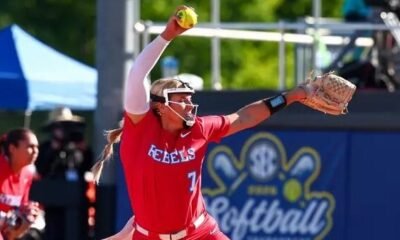 Ole Miss pitcher Emilee Boyer winds up for a pitch against No. 6 Texas at the 2026 SEC Softball Tournament. | Ole Miss Athletics
