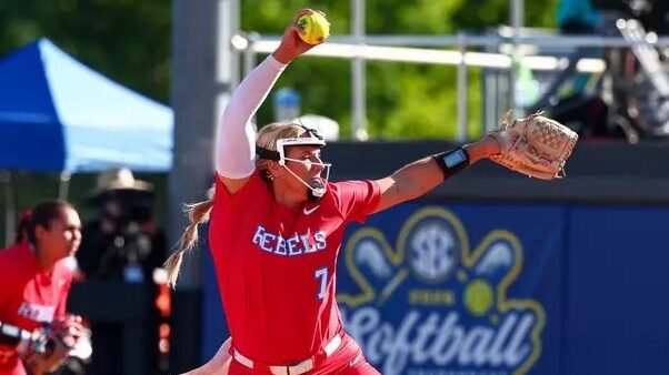 Ole Miss pitcher Emilee Boyer winds up for a pitch against No. 6 Texas at the 2026 SEC Softball Tournament. | Ole Miss Athletics