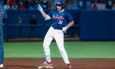 Ole Miss first baseman Will Furniss celebrates after his RBI double in the seventh inning Friday against Texas A&M. | Ole Miss Athletics