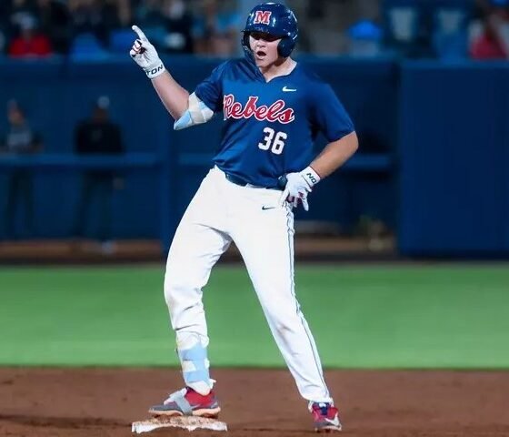 Ole Miss first baseman Will Furniss celebrates after his RBI double in the seventh inning Friday against Texas A&M. | Ole Miss Athletics