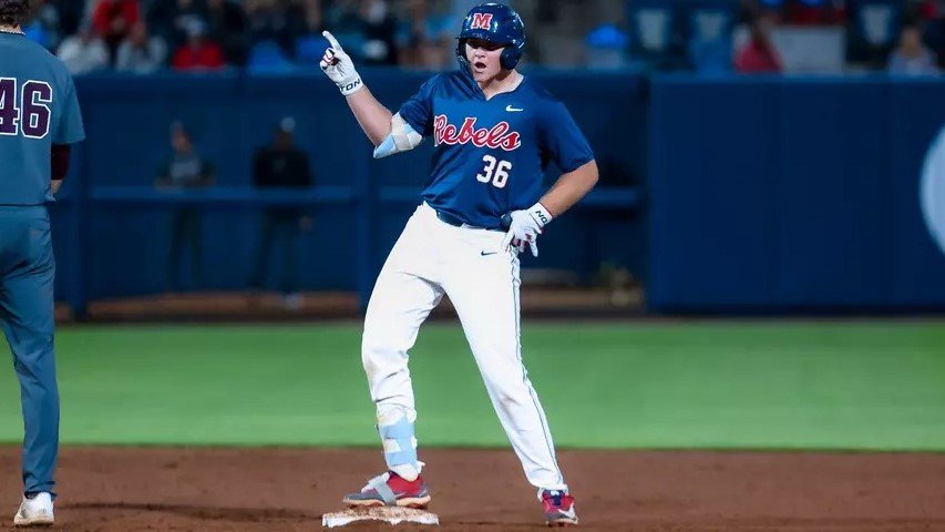Ole Miss first baseman Will Furniss celebrates after his RBI double in the seventh inning Friday against Texas A&M. | Ole Miss Athletics