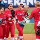 Ole Miss fielders congratulate pitcher Emilee Boyer (7) after a 2-0 win against South Carolina at the 2026 SEC Softball Tournament. | Ole Miss Athletics