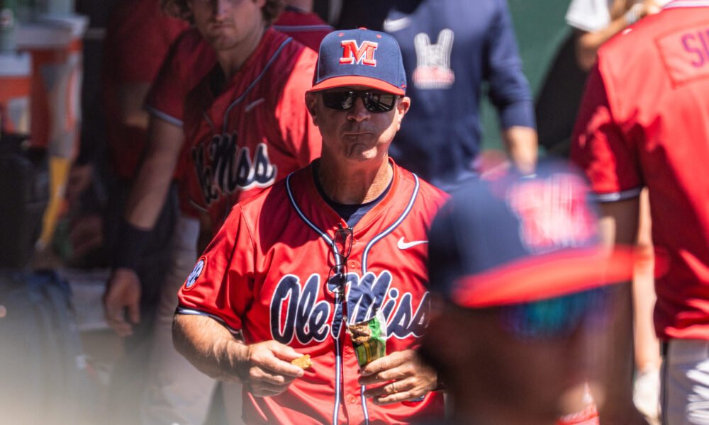 Ole Miss head coach Mike Bianco in the dugout of a series finale game against Arkansas. | Nilsen Roman-HottyToddy.com