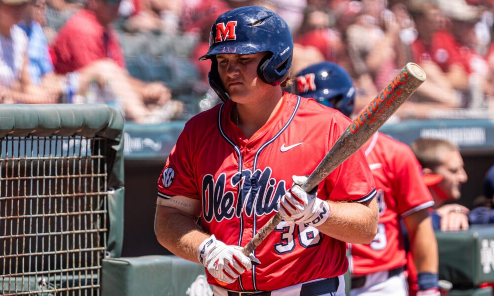 Ole Miss first baseman Will Furniss walks to the plate at No. 22 Arkansas. | Nilsen Roman-HottyToddy.com